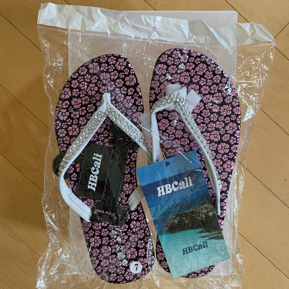 HBCali Black and Pink Rhinestone Flip Flops with Floral Sole